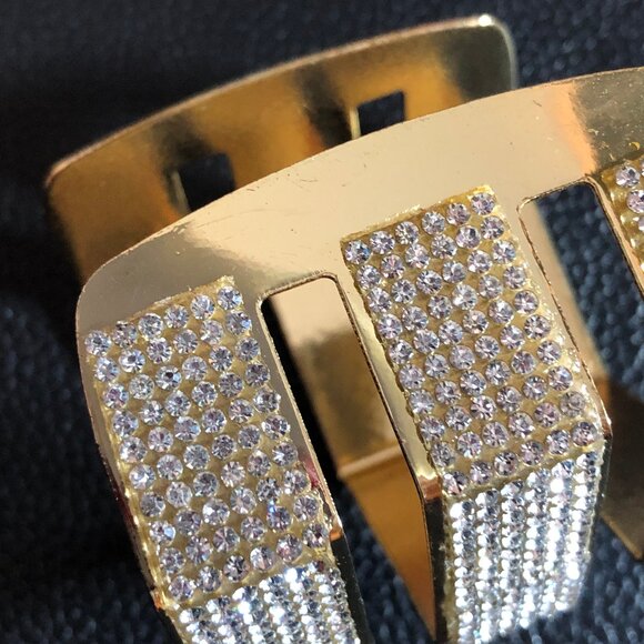 Gold Rhinestone Statement Cuff Bracelet Big Chunky 3 Row Wide Hexagon 7+" - Picture 6 of 10